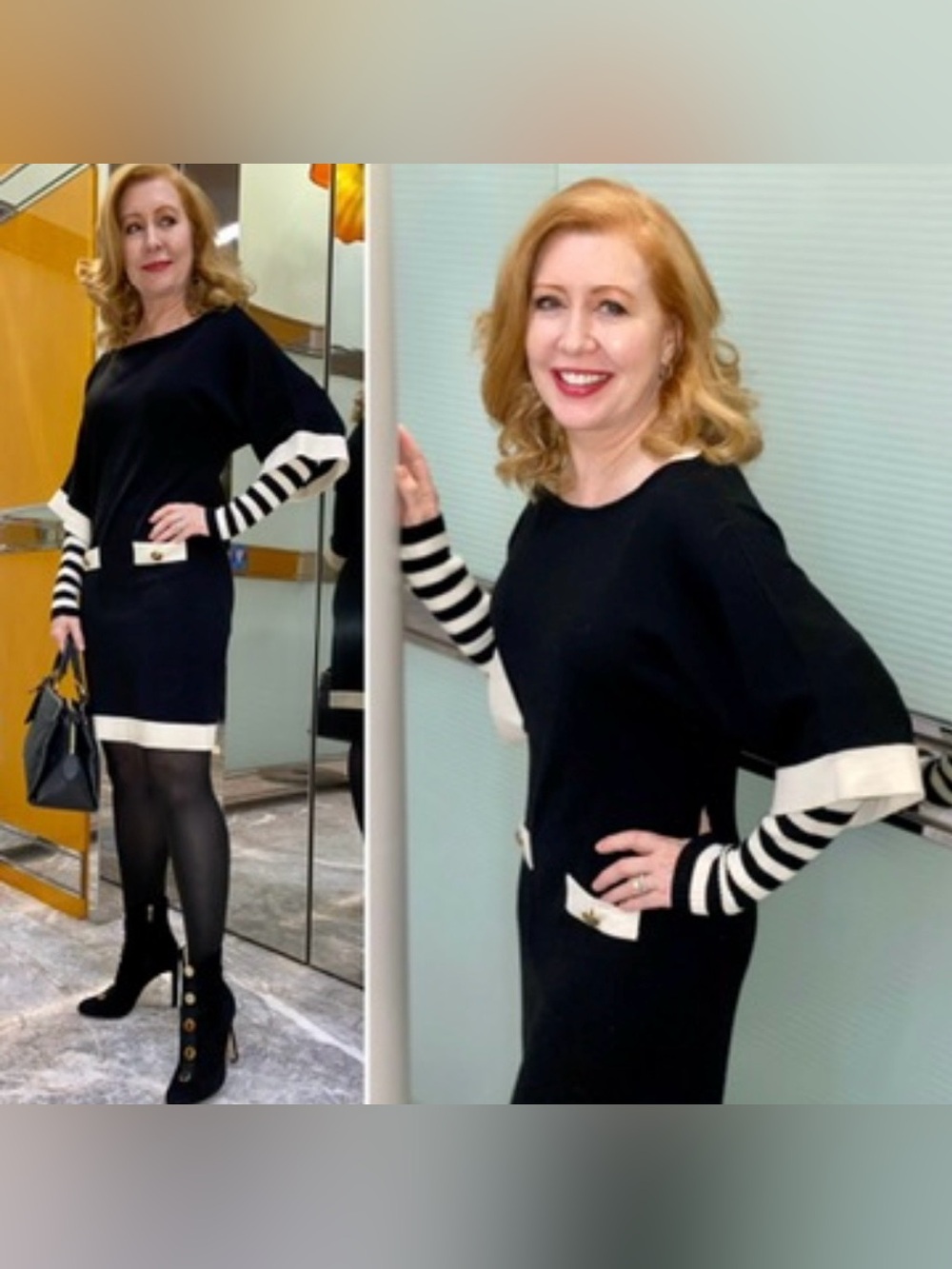 LUISA SPAGNOLI Black & White Knit Dress with striped arm warmers -LIKE NEW